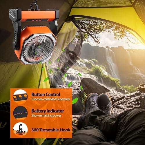 20000mAh Camping Fan, Rechargeable Battery Operated with 360° Rotatable Hook, 400 Lumes Light, 270° Pivot, 4 Speeds, 58Hrs Battery Powered Fan for Outdoor Tent Car Trip BBQ Hurricane Power Outages thumbnail 6