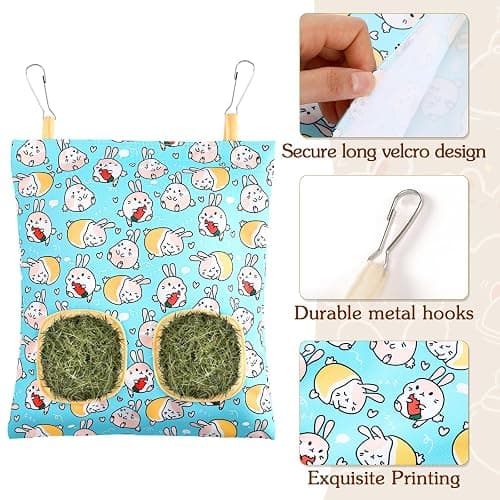 UPINS 3 Hay Bag for Rabbits 2-Hole Hanging Hay Feeder Guinea Pig Hay Bags, Hay Feeder for Rabbits Chinchillas Hamsters Small Pets and Animals(Light Color) thumbnail 3