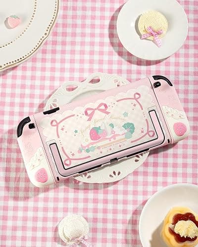 GeekShare Strawberries with Cream Case Compatible with Switch 2, Slim Separable Soft Silicone Protective Shell with 2 Thumb Grip Caps -- Pink thumbnail 7