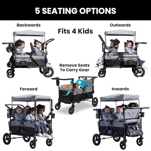 Jeep Wrangler Deluxe 4 Seater Stroller Wagon by Delta Children - Premium Quad Stroller Wagon for 4 Kids with Convertible Seats, Adjustable Push/Pull Handles, Removable Canopy & Flat Fold, Grey thumbnail 4