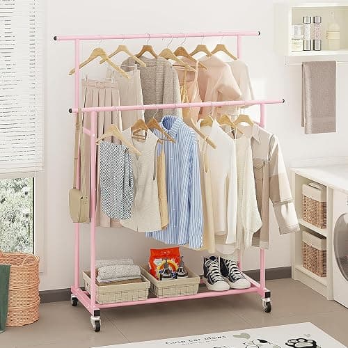 Calmootey Double Rod Clothing Garment Rack,Rolling Hanging Clothes Rack,Portable Clothes Organizer for Bedroom,Living Room,Clothing Store,Pink thumbnail 2