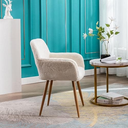 KCC Furry Desk Chair, Mid-Century Modern Accent Comfy Armchair with Faux Fur for Teen Girls, Wood Look Metal Legs Living Dining Room, Home Vanity Makeup Office No Wheel, White. thumbnail 7