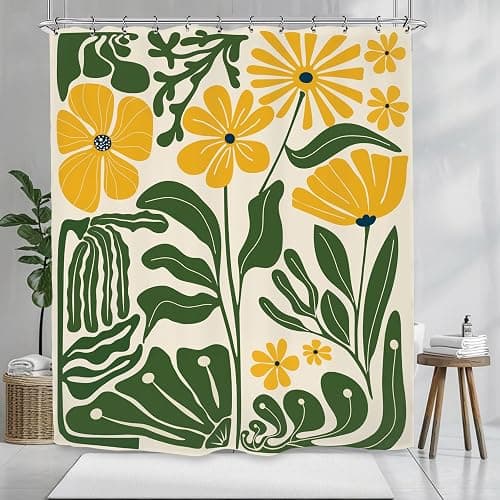 Kalmico Yellow Green Matisse Flower Shower Curtain 60Wx72L Inch Abstract Retro Aesthetic Minimalist Vintage Art 70s Trendy Modern Bathroom Set Accessories Decor with 12 Pack Hooks thumbnail 5