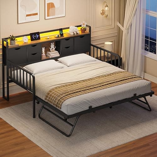ADORNEVE Daybed with Trundle, Twin Day Bed with Storage Headboard & Charging Station, Height Adjustable Metal Trundle Bed Twin, Sofa Bed Frame for Living Room, Bedroom and Guest Room, Black thumbnail 6