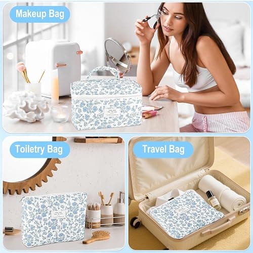 URSKYTOUS 3Pcs Makeup Bag Quilted Cosmetic Bag Set Bow Travel Large Makeup Pouch for Women Cute Portable Cotton Toiletry Bag Skincare Organizer Coquette Vintage Travel Essential thumbnail 3