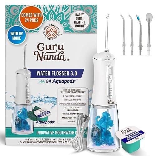 GuruNanda Advanced Dental Water Flosser 3.0 with UV Mode Water Flosser & 24 Aquapods with Mouthwash for Fresh Breath & Plaque Removal, Compact & TSA-Approved - Image 1