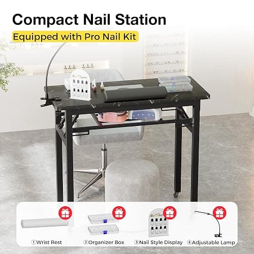 Portable & Foldable Manicure Table w/Dust Collector, Rolling Nail Tech Desk w/LED Light Lamp, Wrist Cushion, Lockable Wheels, Carrying Case, for Home Travel Beauty Salon Workstation (Marble Black) thumbnail 4