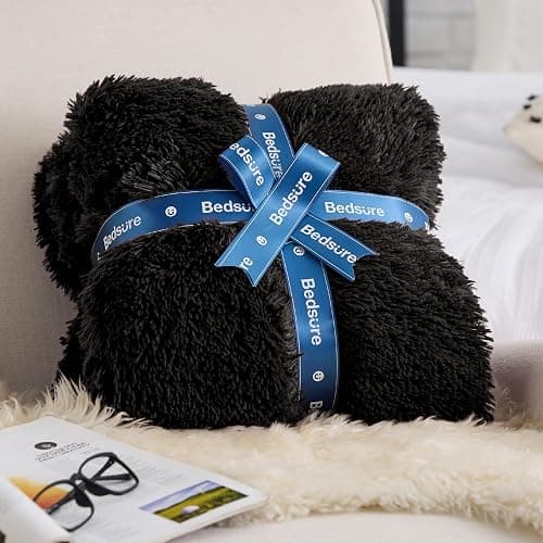 Bedsure GentleSoft Fluffy Black Blankets Queen Size for Bed, Thick Sherpa Faux Fur Fleece Fuzzy Plush Winter Warm Soft Full Queen Blankets, Bedroom Decor Black Gifts Cozy Gifts for Women Men, 90x90 thumbnail 7