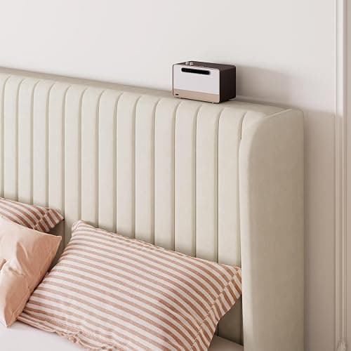 SHA CERLIN Queen Size Velvet Bed Frame, Tufted Wingback Headboard, Cream | 47'' Modern Vertical Channel Headboard, Upholstered Platform Bed, Wood Slats, No Box Spring Needed, Easy Assembly, Noise Free thumbnail 4