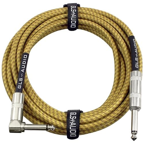 GLS Audio Instrument Cable - Amp Cord for Bass & Electric Guitar - Straight to Right Angle 1/4 Inch Instrument Cable - Brown/Yellow Braided Tweed, 20ft - Image 1