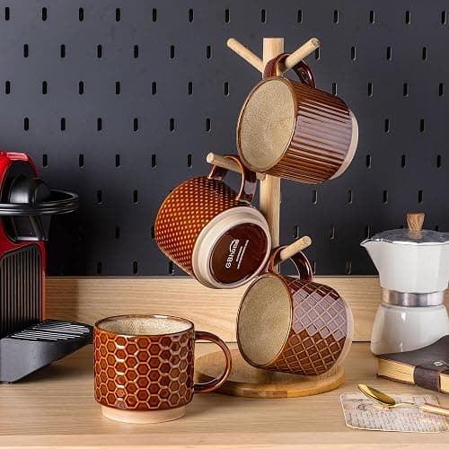 GBHOME 12 OZ Stackable Coffee Mugs, Ceramic Coffee Cups with Texture Patterns for Man,Woman,Dad,Mom, Modern Coffee Mugs Set of 4 for Latte/Cappuccino/Cocoa. Dishwasher&Microwave Safe - Caramel - 12oz thumbnail 7