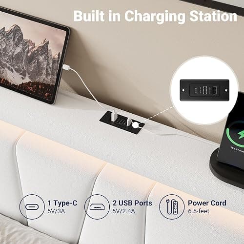 Allewie Full Size LED Bed Frame with Charging Station, Velvet Upholstered Platform Bed with Geometric Wingback Headboard, Modern Frame with No Box Spring Needed, Easy Assembly, White thumbnail 4