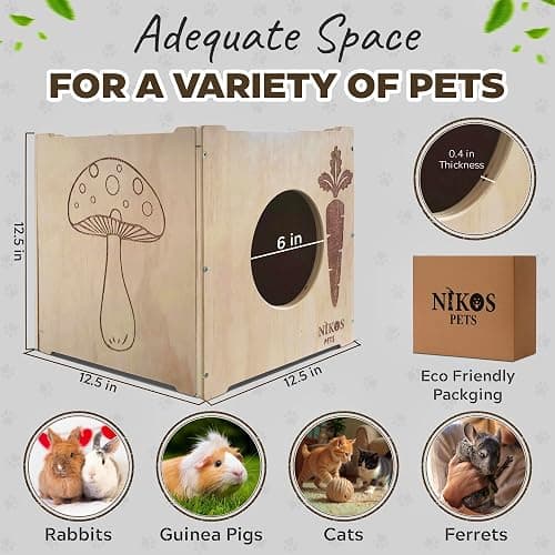 NIKOS PETS - Wooden Rabbit Hideout, Rabbit Bed, Indoor Hutch, Bunny House Pet for Bunnies, Guinea Pigs, Outdoor Shelter Hut, Small Animal Hideaway, Bunny Playground (12.5 x 12.5 in) thumbnail 2