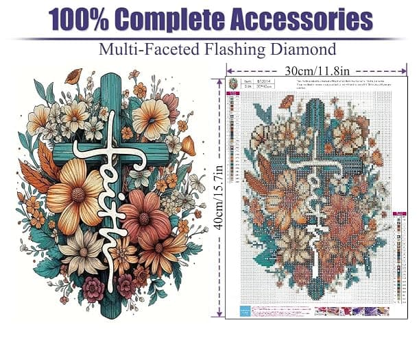 BOHADIY 5D Diamond Painting Kits for Adults Beginners, Cross Flower Diamond Art Kit,DIY Full Round Drill Diamond Dot Gem Art Kits for Adults,5D Paint with Diamonds Pictures DIY Crafts Kits 12x16 Inch thumbnail 2