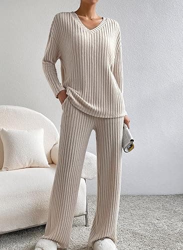 SHEWIN Women's Pajama Sets Long Sleeve Short Sleeve 2 Piece Lounge Sets Ribbed Knit Sweater Sleepwear thumbnail 2