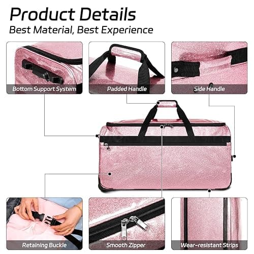 Dance Bag with Garment Rack, OMIDEL 29" Rolling Dance Competition Duffle Bag with Garment Rack & Silent Wheels, Collapsible Dance Suitcase for Dance Competition Shows Recitals Travel - Glitter Pink thumbnail 6