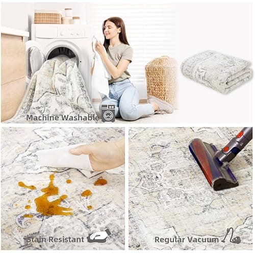 Washable Area Rugs for Living Room: 5x7 Area Rugs for Bedroom Stain Resistant Distressed Vintage Accent Rug Non Slip Low Pile Faux Wool Soft Boho Rugs for Kitchen Bedside Nursery Office Dining Room thumbnail 5