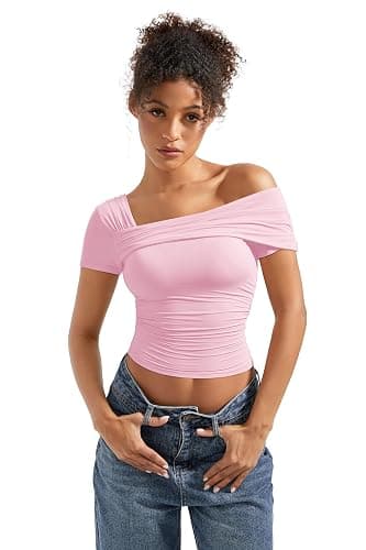 SUUKSESS Women One Off The Shoulder Summer Tank Tops Ruched Short Sleeve Shirts thumbnail 2