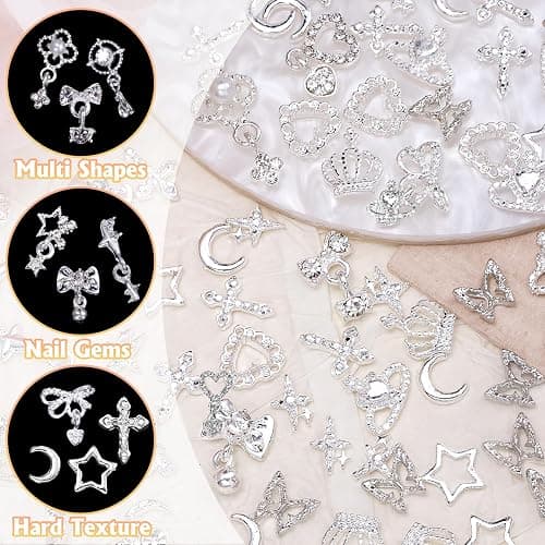100 Pcs Silver Nail Charms and Gems, Silver Dangle Star Bows Nail Gems Charms, Metal Crown Heart Butterfly Charms for Acrylic Nail Art Alloy Cross Nail Charms for Women DIY Accessories thumbnail 4