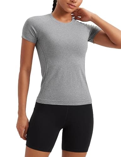 CRZ YOGA Seamless Workout Tops for Women Hip Length - Athletic Running Gym Yoga Short Sleeve Shirts Breathable Crewneck Tees - Image 1