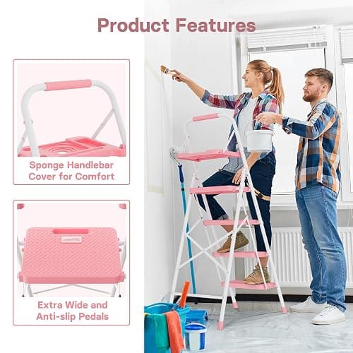 BONTEC 4-Step Ladder, Folding Step Stool, 600lbs Max Load, Pink | Tool Tray, Anti-Slip Pedals, Sturdy Steel, Lightweight Portable Design with Handrail for Home & Work Use thumbnail 6