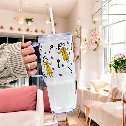 Sip-Sip Hooray! Coraline 40oz Acrylic Tumbler with Lid and Straw, Button Eyes Iced Coffee Cup, Coraline Jones Glass Tumbler, Merch Gift thumbnail 2