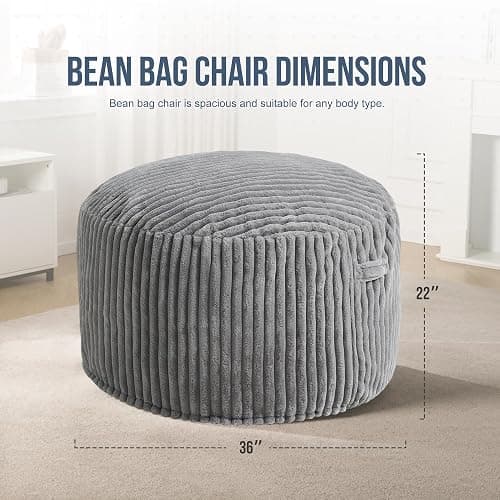 Hobestluk 3ft Bean Bag Chairs for Adults Large Beanbag Chair with Stripe Plush Cover Big Bean Bag Chair for Living Room Bedroom Dorm Office - Grey (36” x 36” x 22”) thumbnail 2