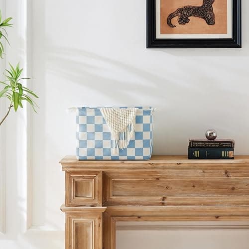 Ohocut Blue Checkered Canvas Basket, Rectangular Organizing Decorative Storage Basket for Kids, Dog Toy, Cute Aesthetic Boys Room Decor for Home, Kitchen, Bedroom, Classroom, Shelves thumbnail 2