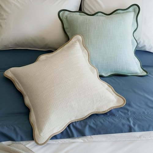 Double Stitch Scalloped Throw Pillow Covers - 100% Cotton Set of 2 Decorative Boho Pillow Covers 20 x 20, Made in India, Square Cushion Case, Modern Home Decor for Couch Sofa Living Room, Cream thumbnail 7