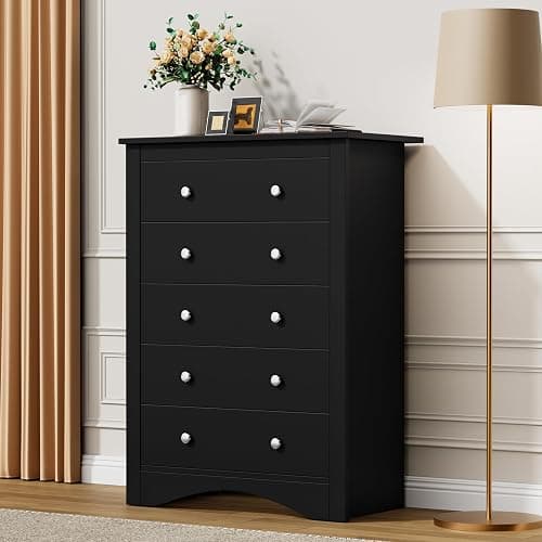 Flamaker Tall Dresser for Bedroom, 5 Drawer Dresser, Wood Dressers, Wide Chest of Drawer, Storage Drawers, Storage Organizer for Closet, Hallway (Black) thumbnail 6