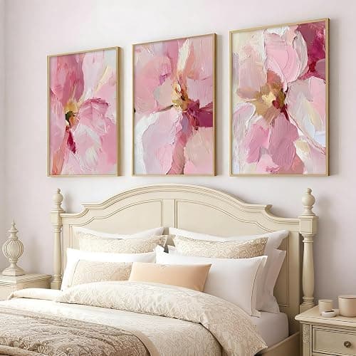 3Pcs Abstract Blush Pink Flower Canvas Wall Art, Textured Thick Paint Modern Floral Bloom Oil Painting Poster Print, Wall Decor Artwork for Bedroom Living Room Dining Room Home Decoration【Unframed】 thumbnail 3