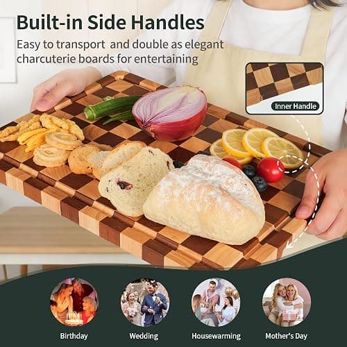 WILLKOMMEN Checkered Cutting Board Set, 3-Piece Wood Checkerboard End Grain Chopping Boards with Holder & Juice Groove Wooden Kitchen Cutting Board for Cooking and Serving (S, M, L) thumbnail 6