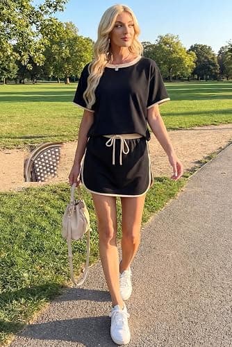 Opemiby Womens 2 Piece Skort Set 2026 Color Block Short Sleeve Top Drawstring Skort Matching Sets Casual Lounge Summer Outfit thumbnail 2