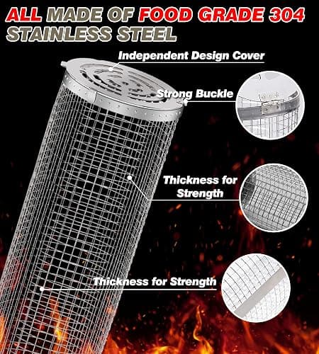 Rolling Grilling Baskets for Outdoor Grill Bbq Net Tube Stainless Steel Large Round Mesh Rotation Barbecue Cylinder Cage Cooking Accessories for Veggies Vegetable Fish Meat Food Camping, Gift for Men thumbnail 4