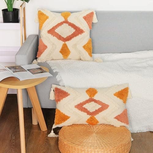 Merrycolor Boho Lumbar Throw Pillow Cover 12x20 inch,Bohemian Tufted Decorative Pillow Covers with Tassels for Couch Sofa Bedroom Living Room thumbnail 5