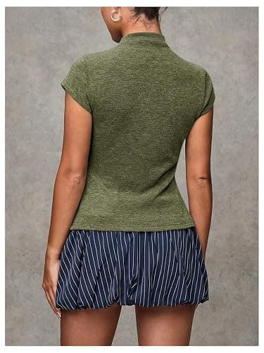 Milumia Women's Cap Sleeve Knit Top Mock Neck Button Down Sweater Tops | Slim Fit, Going Out, Summer, Fall Fashion, Casual, Streetwear, Short Tee, T Shirt, Cardigan Top thumbnail 3
