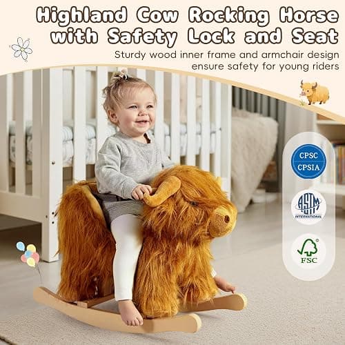 Baby Rocking Horse,Highlander Cattle Wooden Rocking Horse for Toddlers 1 Year Old Cute Cow Stuffed Plush Ride-on Toy Rocking Animal for Baby Boys and Girls Nursery/Child Christmas or Birthday Gift thumbnail 8