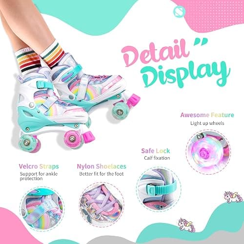 SULIFEEL Rainbow Unicorn 4 Size Adjustable Roller Skates for Girls Boys for Kids Ages 3-5 5-8 6-12 Children Skates Indoor Outdoor thumbnail 3