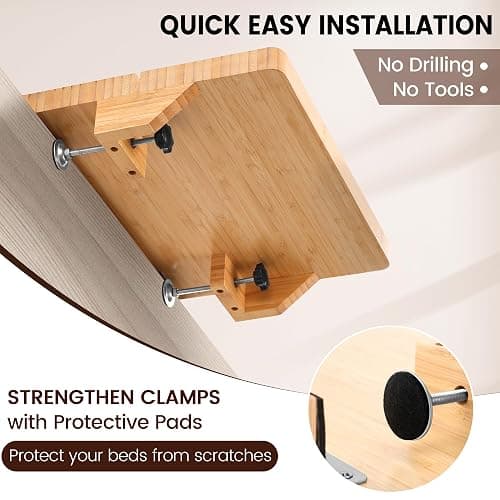 Fivebop Bedside Shelf for Dorm Bed & Top Bunk, Bamboo Bed Side Table Tray with Cup Phone Holder & Hooks, Bedside Caddy, Clip on Nightstand Bedside Storage College Dorm Room Essentials (Bamboo) thumbnail 5