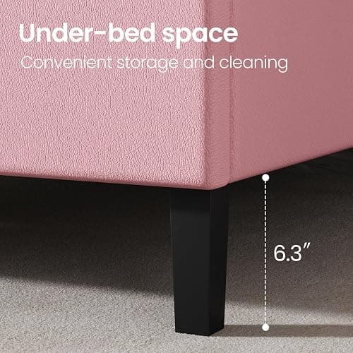 REVOMINCA Full Bed Frame with Headboard, Faux Leather Upholstered Platform Bed Frame, Pink Bed Frame Full Size, Wooden Slat Support, No Box Spring Needed, Pink thumbnail 6