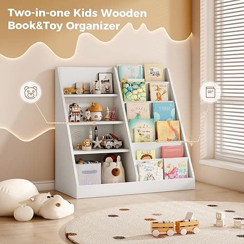 Tatub 6 Tier Kids Wooden Bookshelf and Toy Storage, Children Toy Organizer with Book Shelves, Toddler BookRack Baby Bookcase for Nursery, Playroom and Classroom, White thumbnail 4