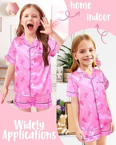 Kids Girls Pajama Set Silky PJS Button-Down Sleepwear Nightwear Loungewear Clothes Set Gifts thumbnail 5