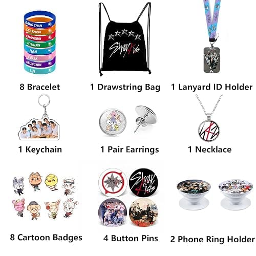 eTel Like Stray Kids Gifts Set, Including Drawstring Bag Backpack, Necklace, Earrings, Bracelets, Button Pins, Lanyard ID Holder, Keychain, Phone Ring Holder, Cartoon Badge thumbnail 2