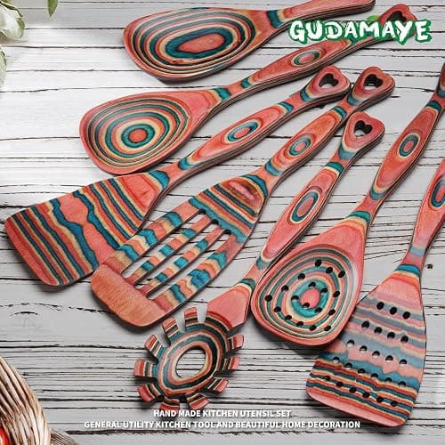 Gudamaye Pakkawood 7-Piece Wooden Cooking Utensils, Wooden Spoons for cooking, Wooden Utensil set, Pinkish-Orange Pakkawood Cooking Spoons, Non-Stick Spoon, Pakkawood kitchen utensils thumbnail 6