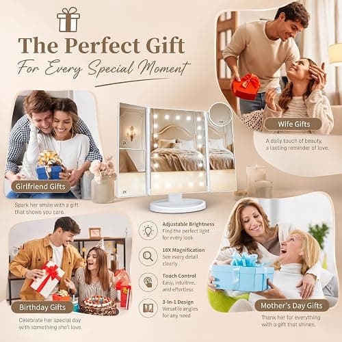 HUONUL Makeup Mirror, Vanity Mirror with Lights, 2X/3X/10X Magnification, Touch Control, Trifold, Dual Power Supply, Birthday Gifts for Women, Wife, Mom, Girls,Dorm Room Essentials thumbnail 6