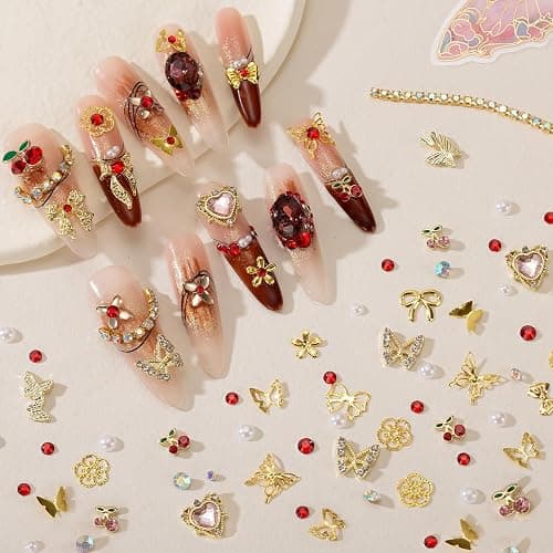 28 Grids Nail Charms Kit with Rhinestones for Nails, 3D Kawaii Bows, Cherry, Flowers, Butterfly. Red Pink Gold Nail Gems, Pearls & Metal Studs. DIY Manicure Art Supplies with Wax Pen & Tweezers thumbnail 3