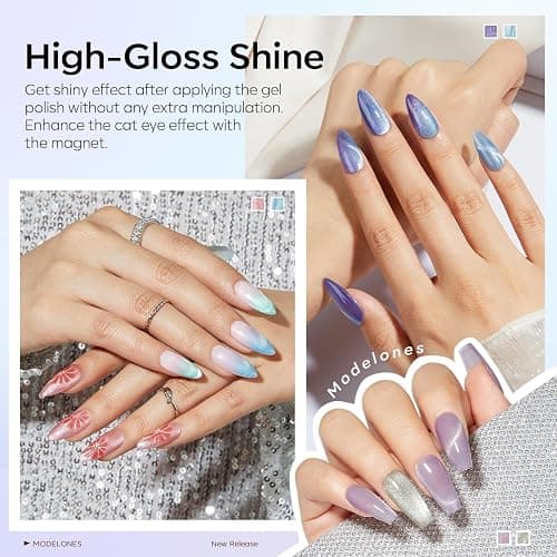 modelones Cat Eye Gel Nail Polish 6 Colors Red Green Silver Purple Blue Glitter Cat Eye Gel Polish Holographic 9D Semi-transparent With Magnet Soak Off Led Nail Art DIY Salon Gifts For Women Girl thumbnail 3