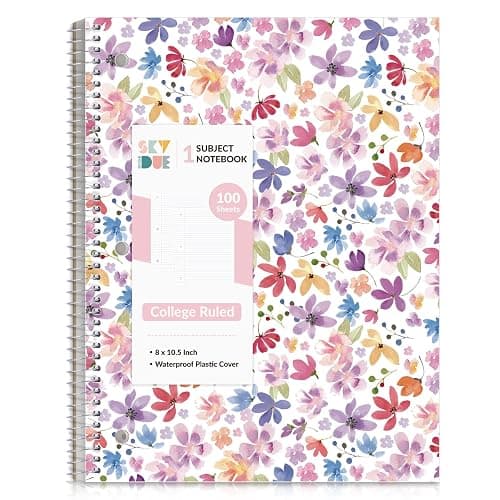 SKYDUE 8"x10.5" Spiral Notebook - College Ruled 100 Sheets, 1 Subject Notebook for School & Office, 3-Hole Punched Paper, Floral Design - Image 1