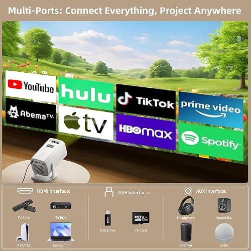Mini Projector, Portable Projector 4K & Full HD 1080P Support, 270° Rotation Outdoor Projector, Movie Projector Compatible with Smartphone, TV Stick, Laptop, PS4, HDMI, USB thumbnail 3
