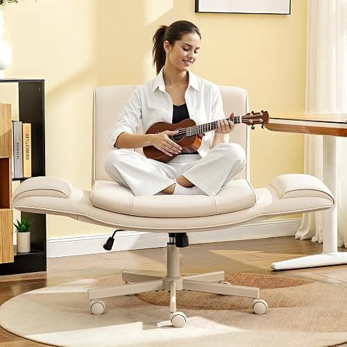 HeroSet Criss Cross Chair with Wheels & Armrests,Comfy Wide Vanity Chair,Scratch-Resistant Pu Leather Cross Legged Desk Chair,Height Adjustable Computer Office Desk Chairs for Home,Makeup,Bedroom thumbnail 6